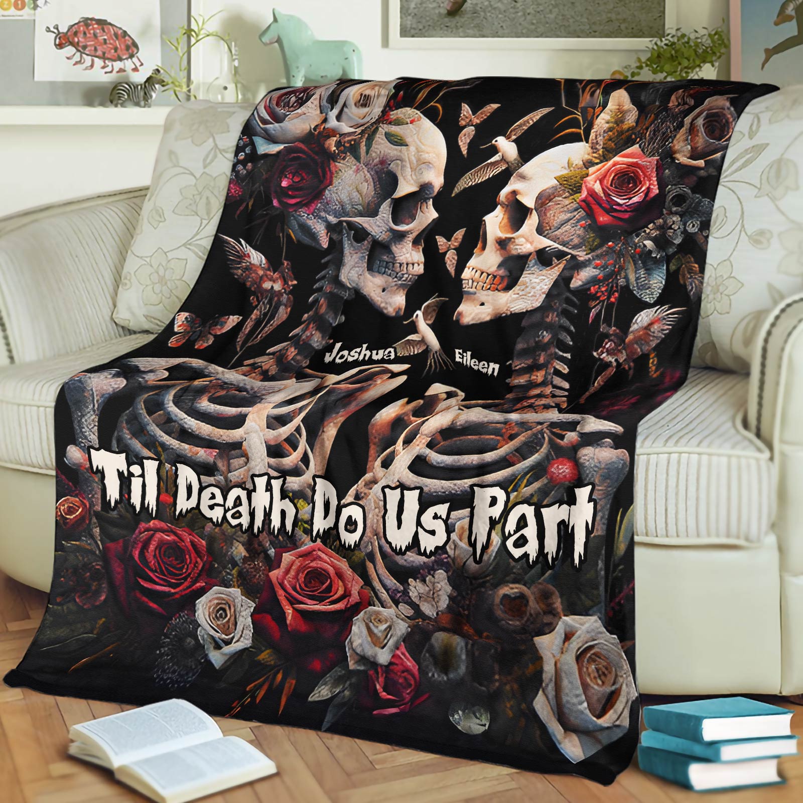 Personalized Halloween couple blanket with skeleton design and rose accents featuring names Joshua and Eileen