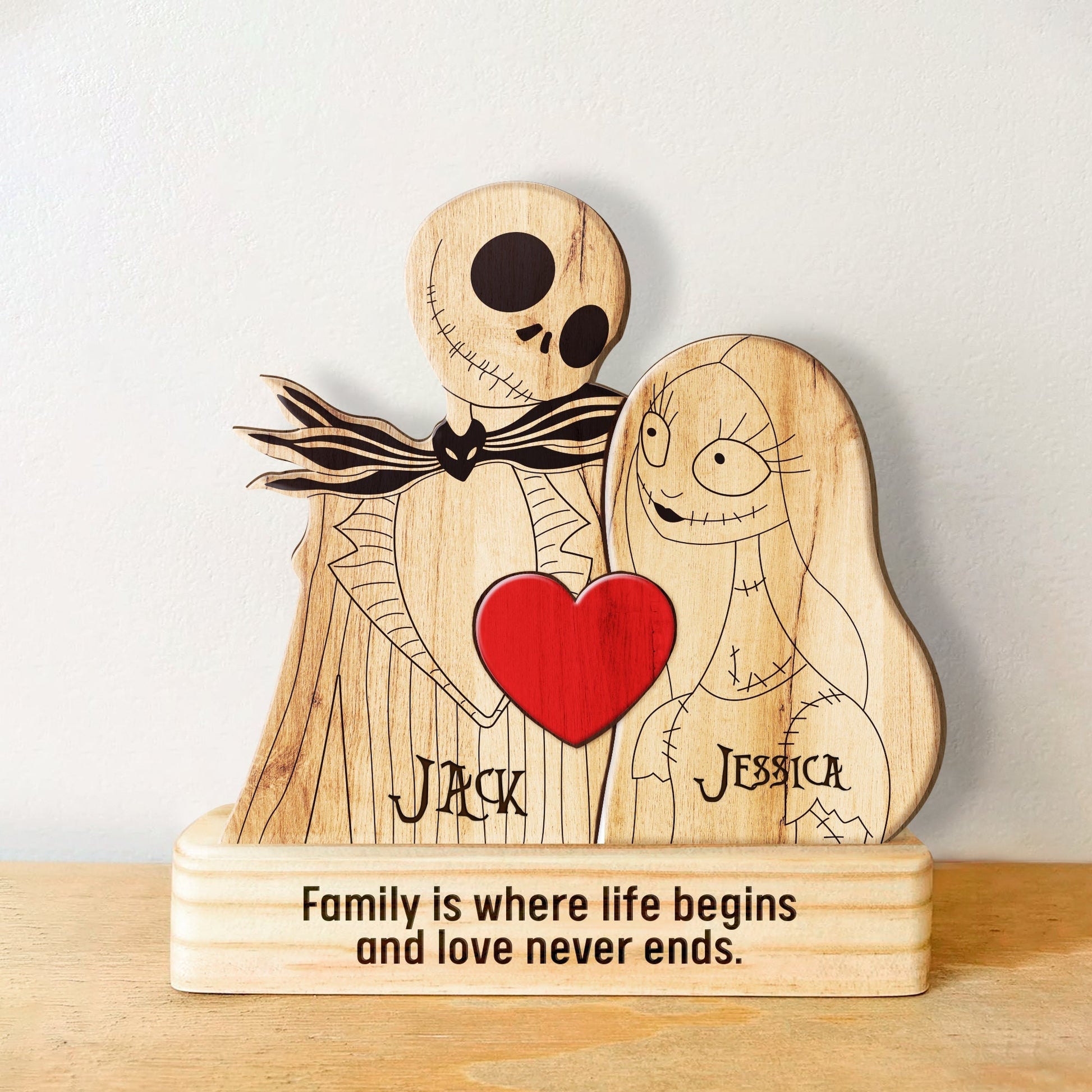 Personalized Halloween family puzzle wooden figures with names Jack and Jessica and red heart decoration