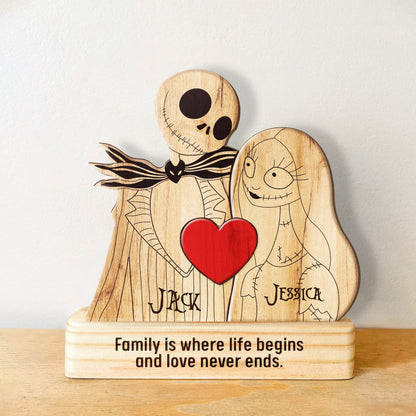Personalized Halloween family puzzle wooden figures with names Jack and Jessica and red heart decoration
