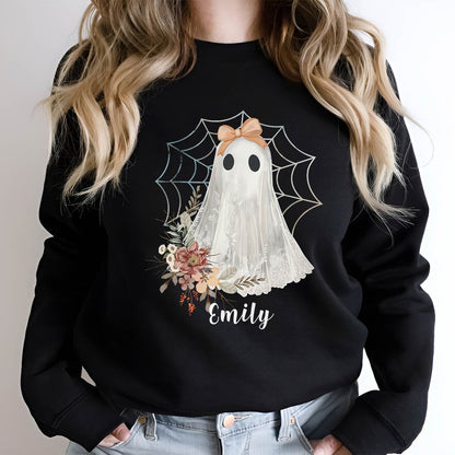 Black personalized Halloween ghost shirt with floral design and spider web featuring the name Emily