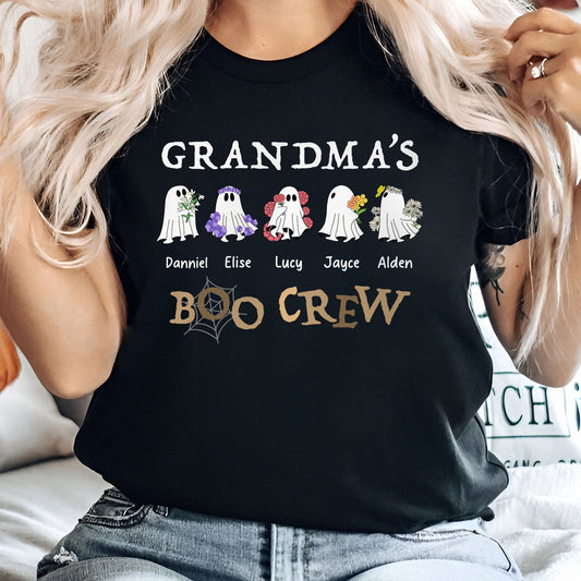 Personalized Halloween ghost shirt Grandma's Boo Crew with custom ghost characters and names