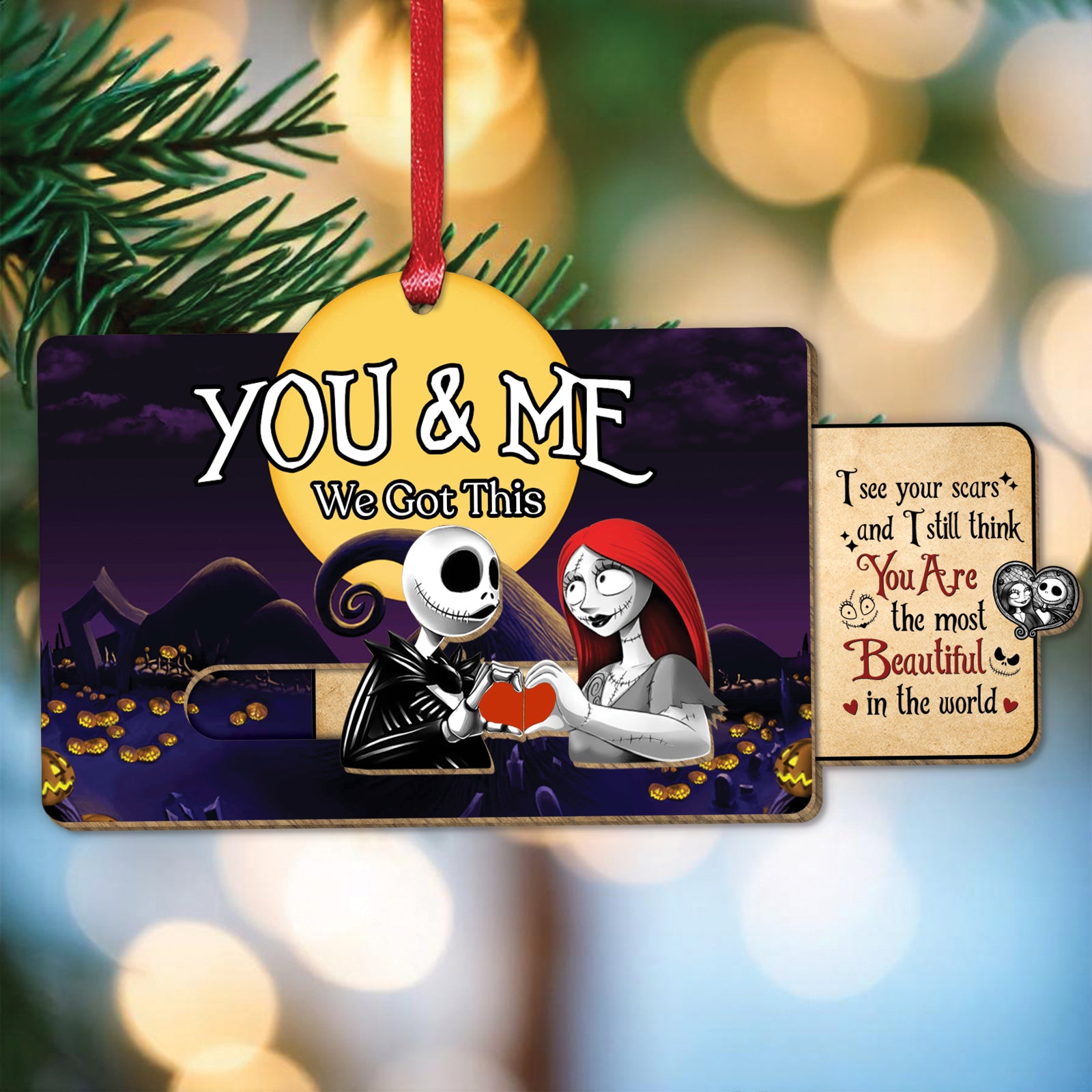 Personalized Halloween gift for couples featuring spooky Jack and Sally holding a red heart ornament