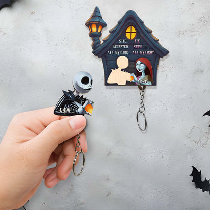 Personalized Halloween keychain holder with custom character and spooky house design by 365Gifty