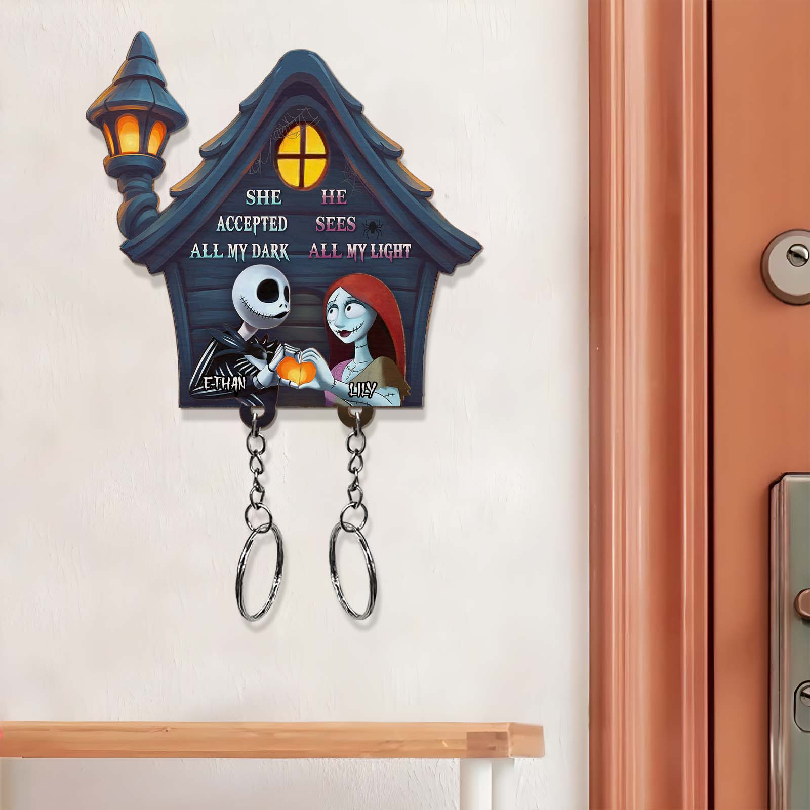 365Gifty personalized Halloween keychain holder with Jack and Sally design for home wall decoration