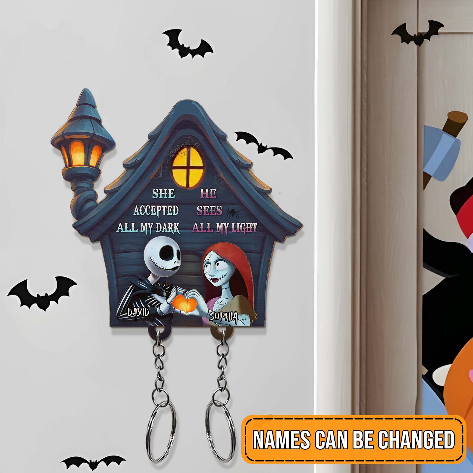 365Gifty personalized Halloween keychain holder with spooky house design and customizable names David and Sophia