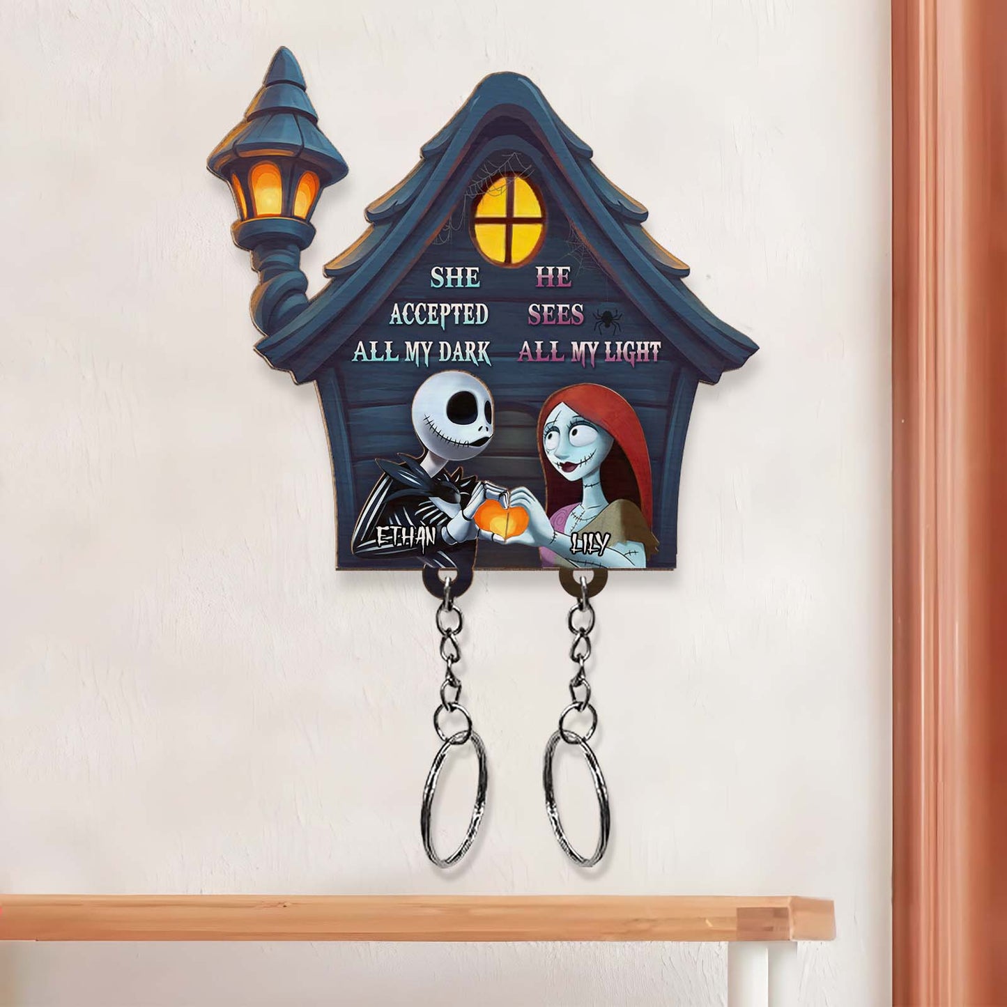 Personalized Halloween keychain holder featuring spooky characters and decorative lantern design