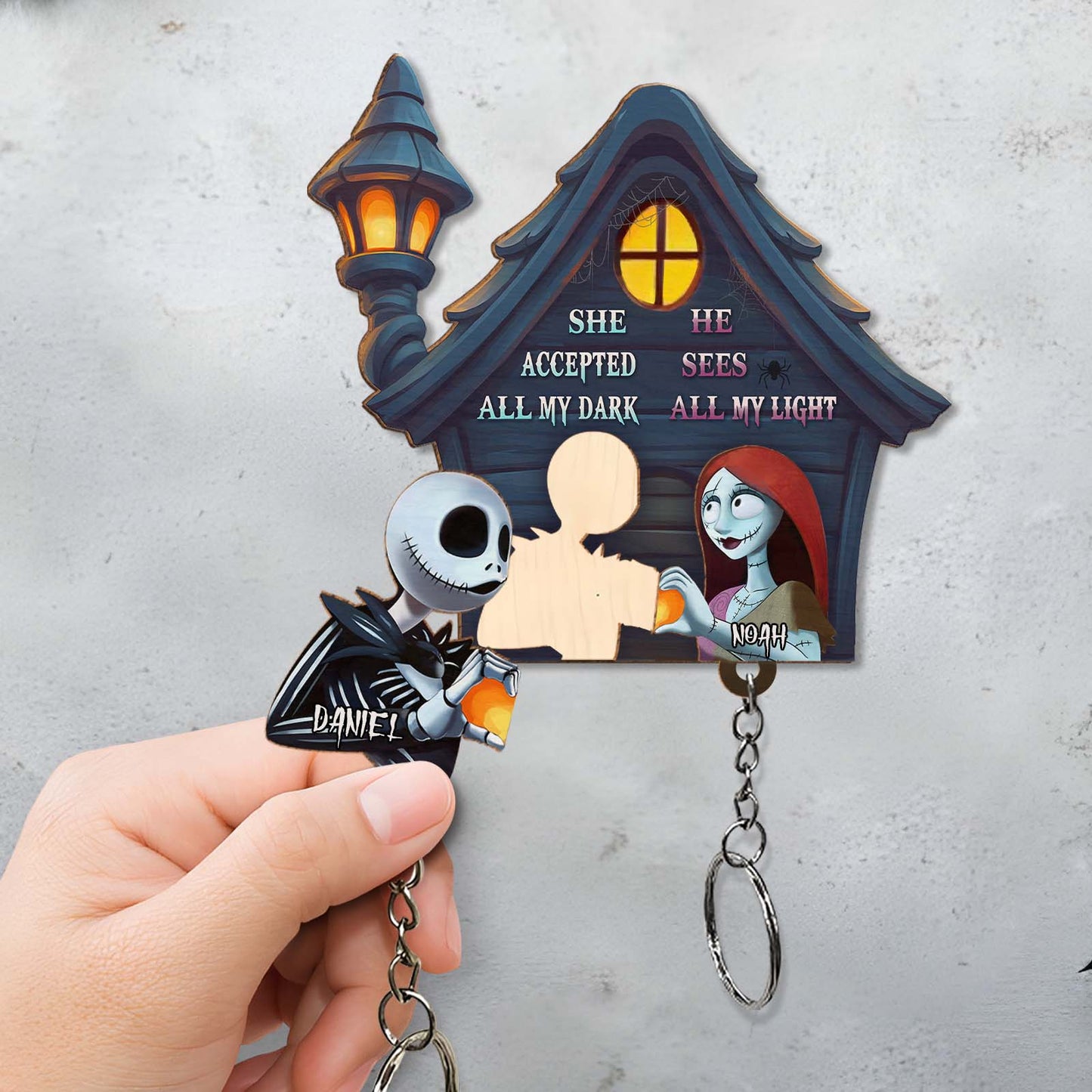 Personalized Halloween keychain featuring Jack and Sally with customizable name tags for a spooky gift