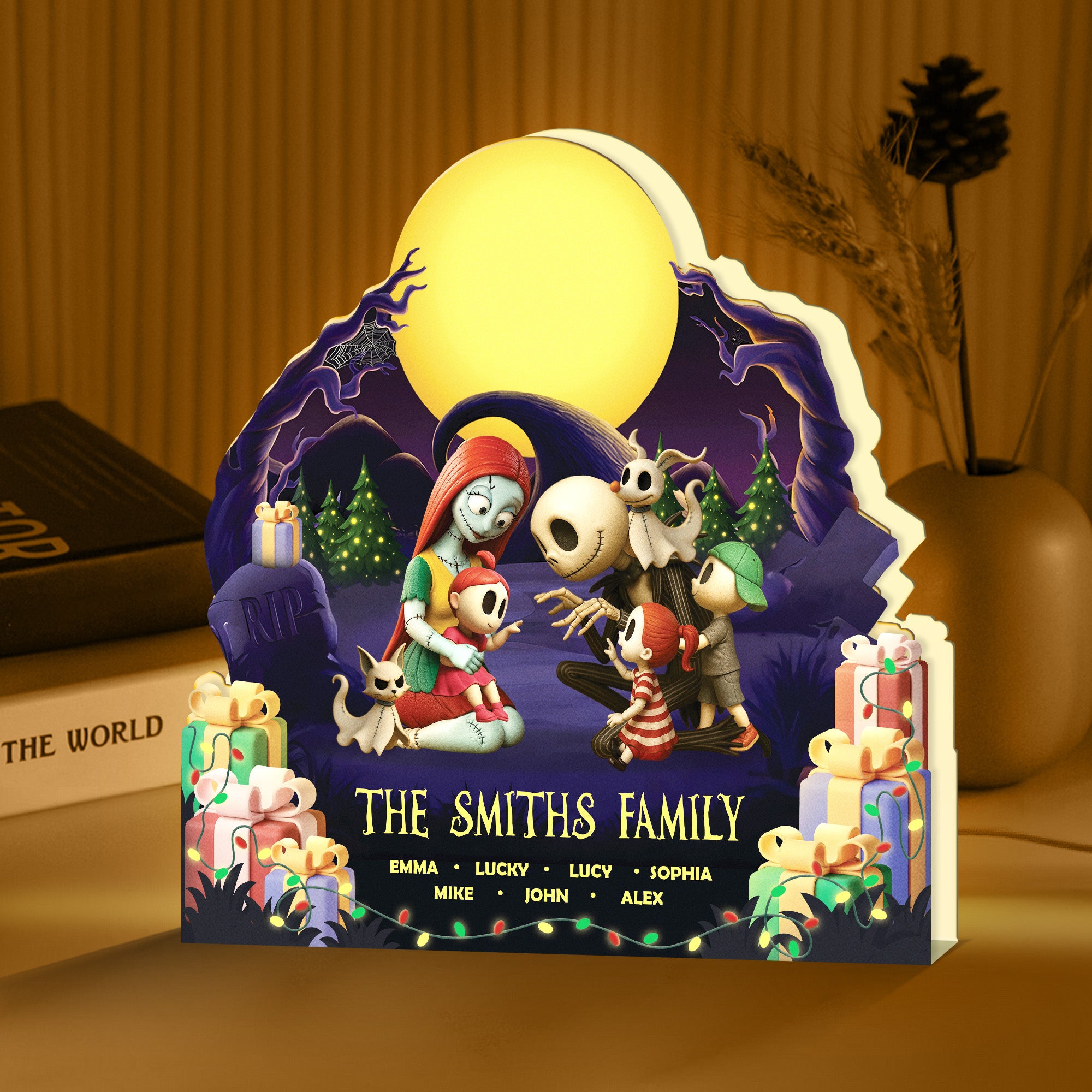Personalized Halloween light box featuring a spooky family scene with festive decorations