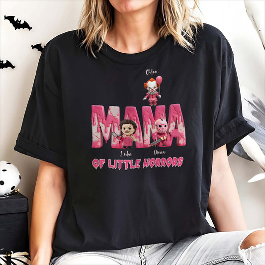 Black personalized Halloween mama shirt from 365Gifty featuring horror character designs and spooky text