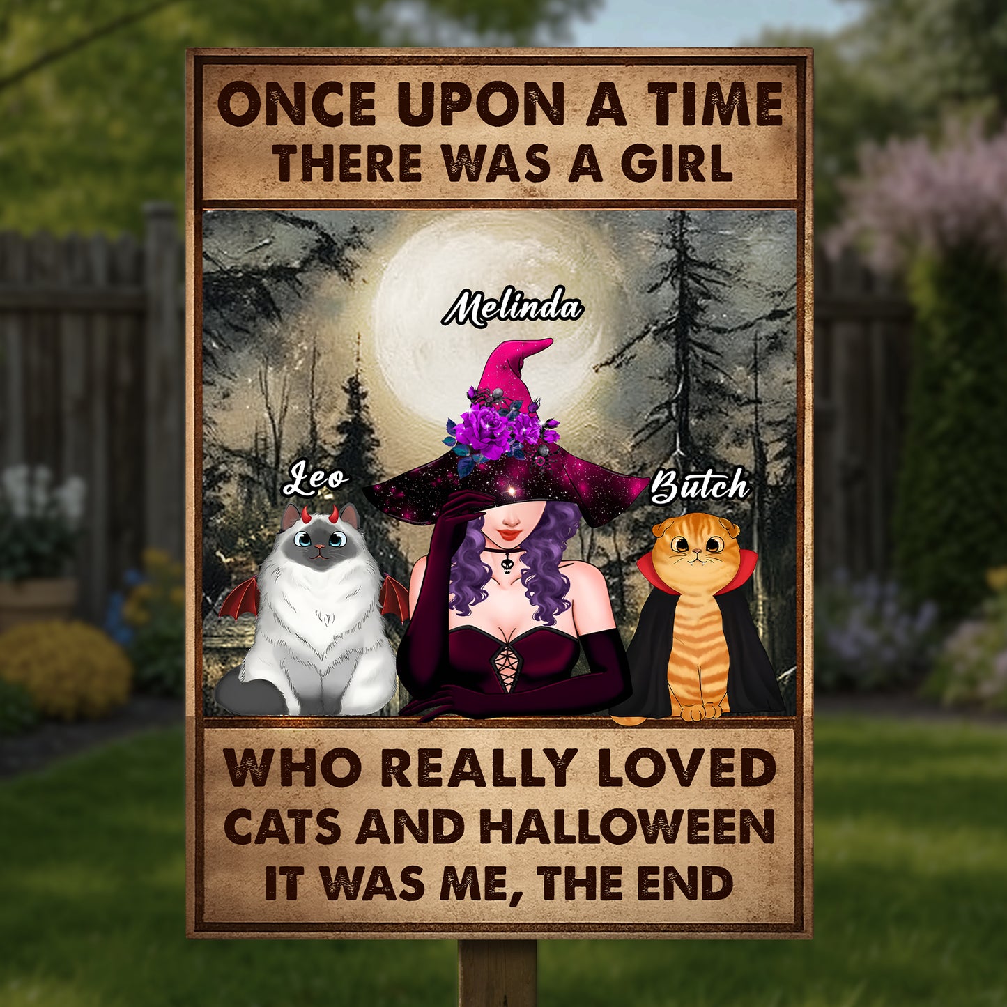 Personalized Halloween metal sign featuring a girl with cats and a witch hat, ideal for Halloween decor