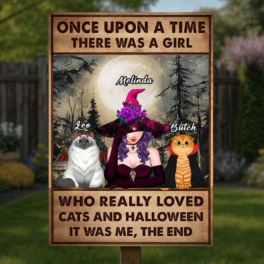 Personalized Halloween metal sign featuring a girl with cats and a witch hat, ideal for Halloween decor