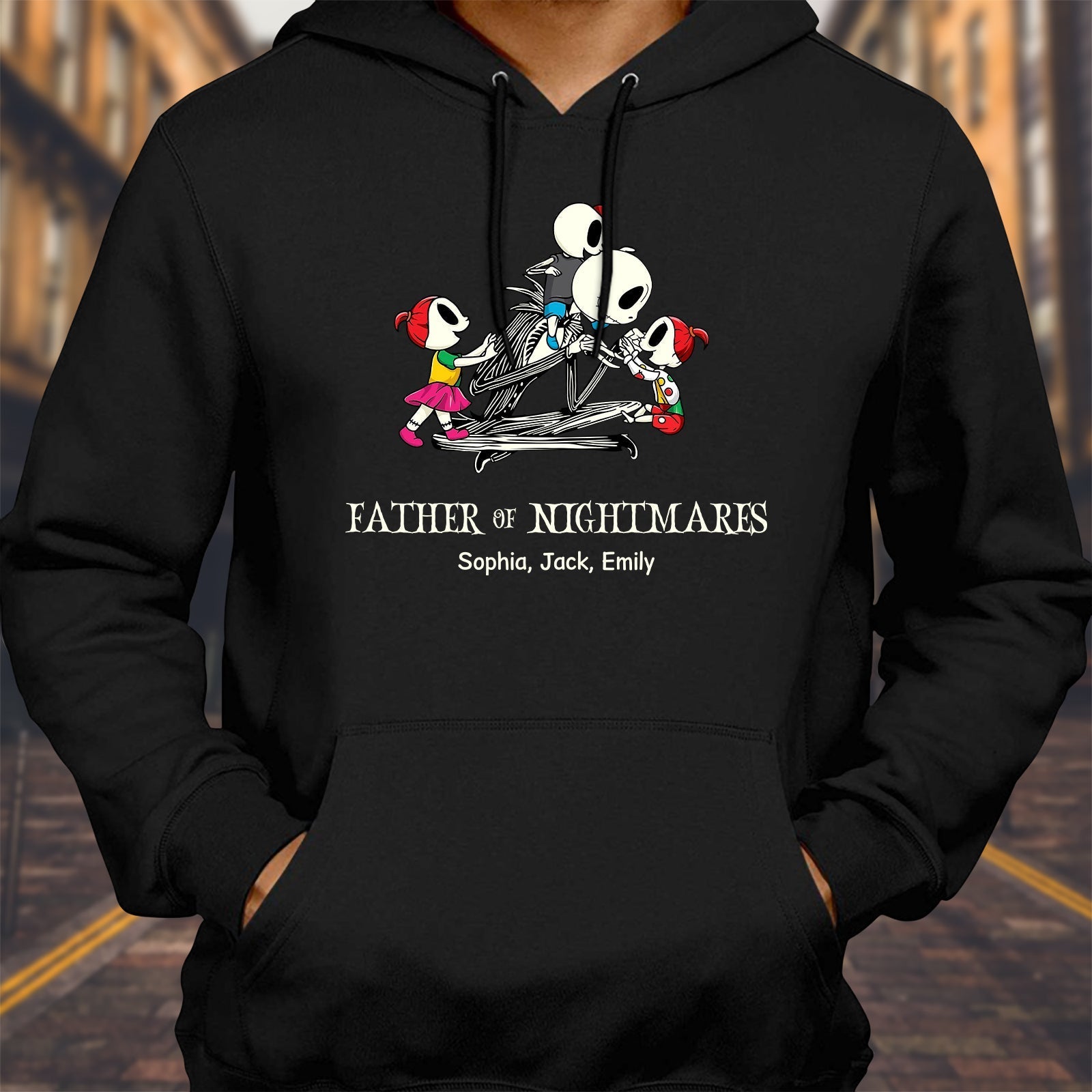 Black hoodie featuring skeleton family design with names for personalized halloween mom shirt