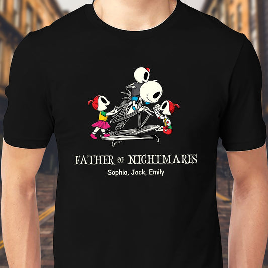 Black personalized halloween mom shirt with skeleton dad and three kids illustration and custom names