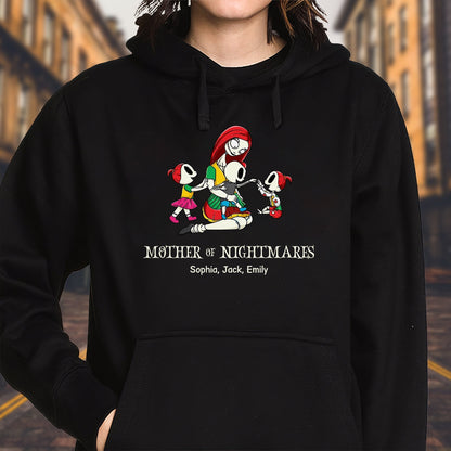 Black personalized halloween mom shirt with Mother of Nightmares graphic and names Sophia Jack Emily