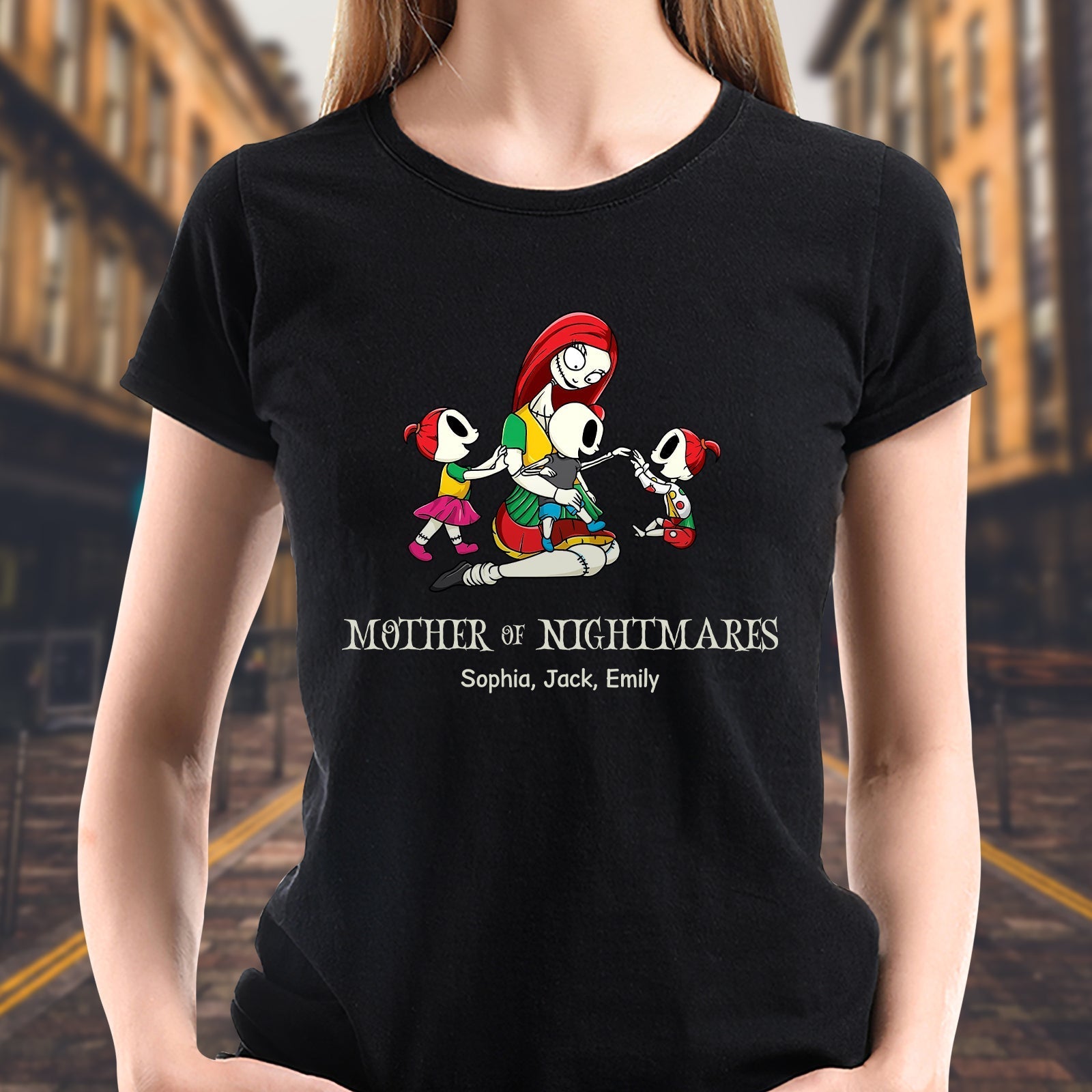 Personalized Halloween mom shirt featuring Mother of Nightmares design with custom names Sophia Jack Emily