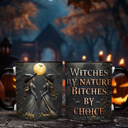 Personalized Halloween mug featuring two witches with names Ashley and Emma and spooky text design