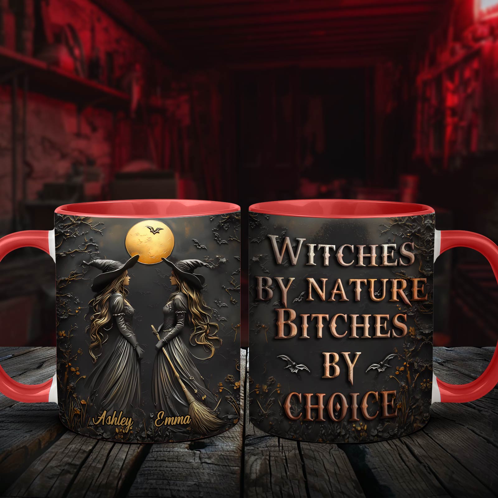 Personalized Halloween mug with two witches and full moon design featuring names Ashley and Emma