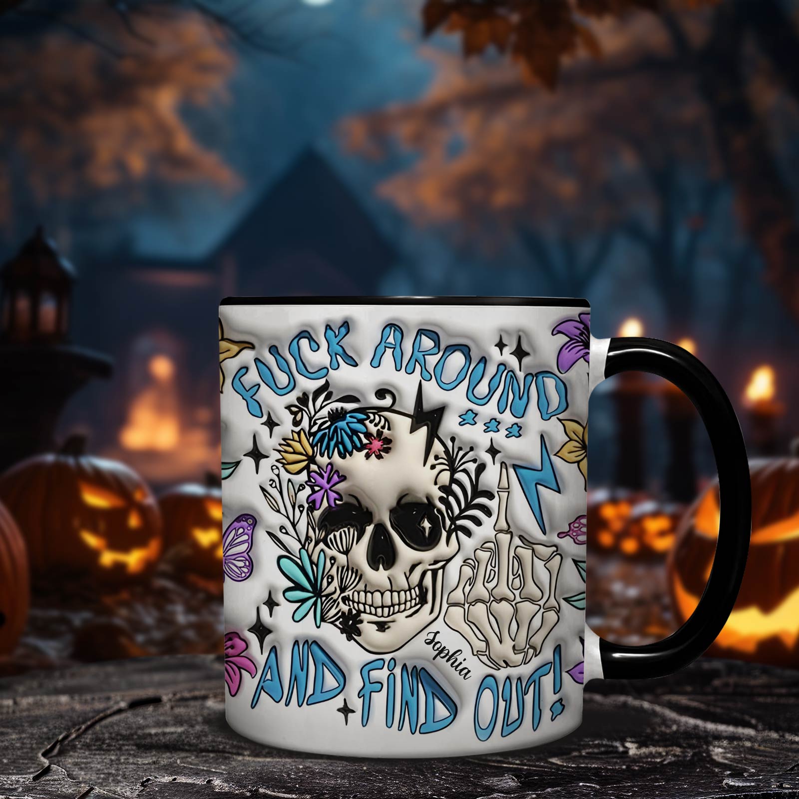 365Gifty personalized Halloween mug with skull and floral design and edgy text on white background
