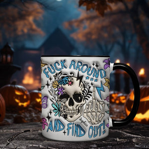 365Gifty personalized Halloween mug with skull and floral design and edgy text on white background
