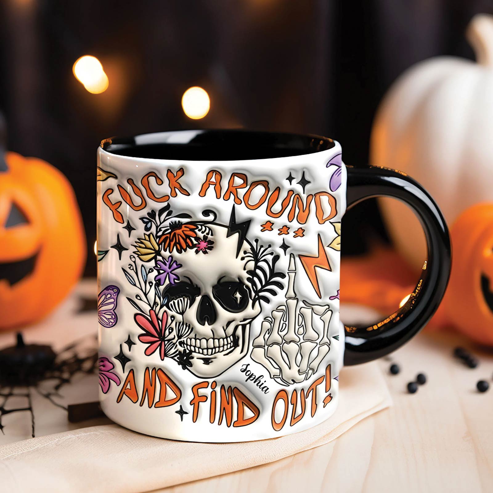 365Gifty personalized Halloween mug with skull, floral designs, and bold orange text on white background