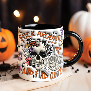 365Gifty personalized Halloween mug with skull, floral designs, and bold orange text on white background