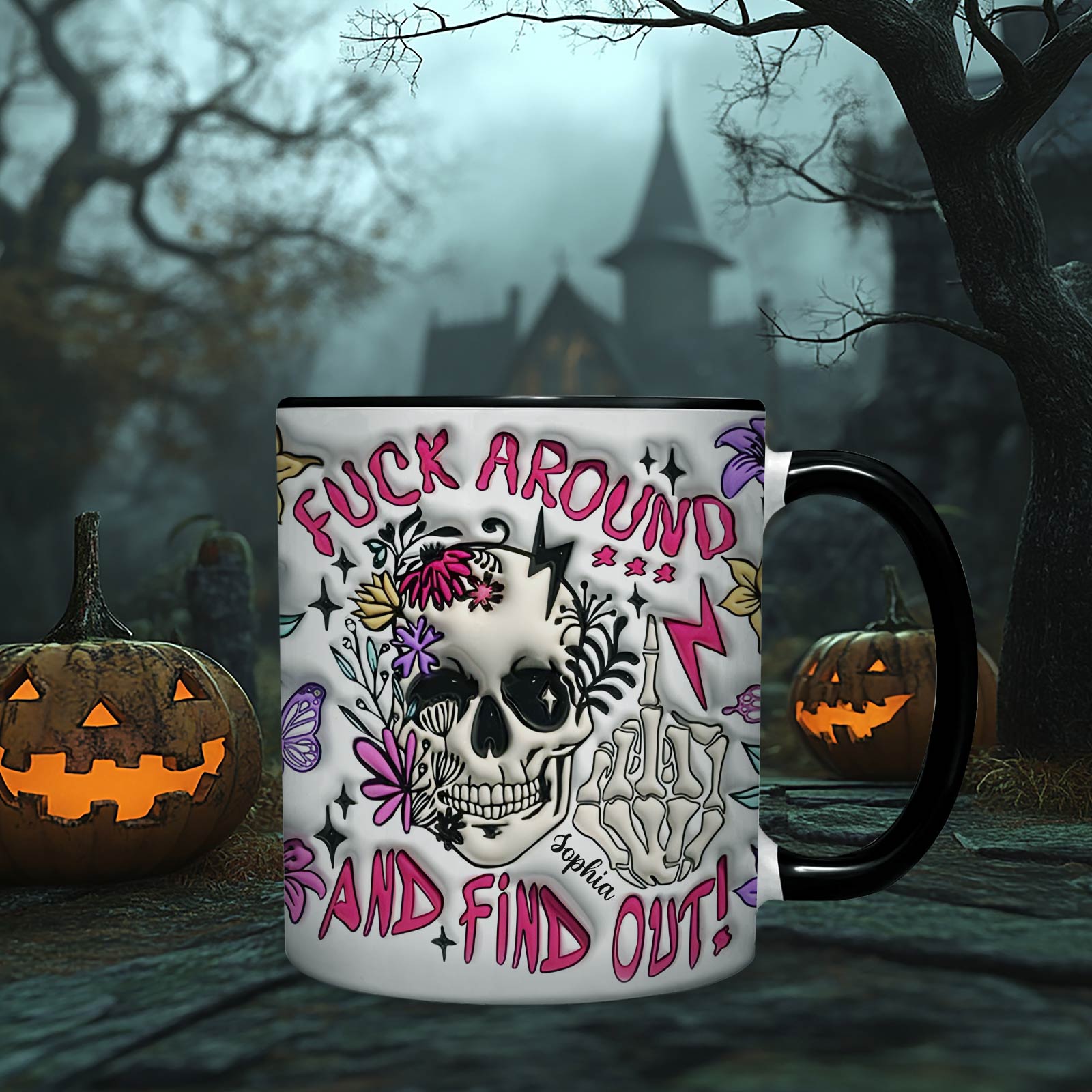 365Gifty personalized Halloween mug with skull and floral design in spooky nighttime setting