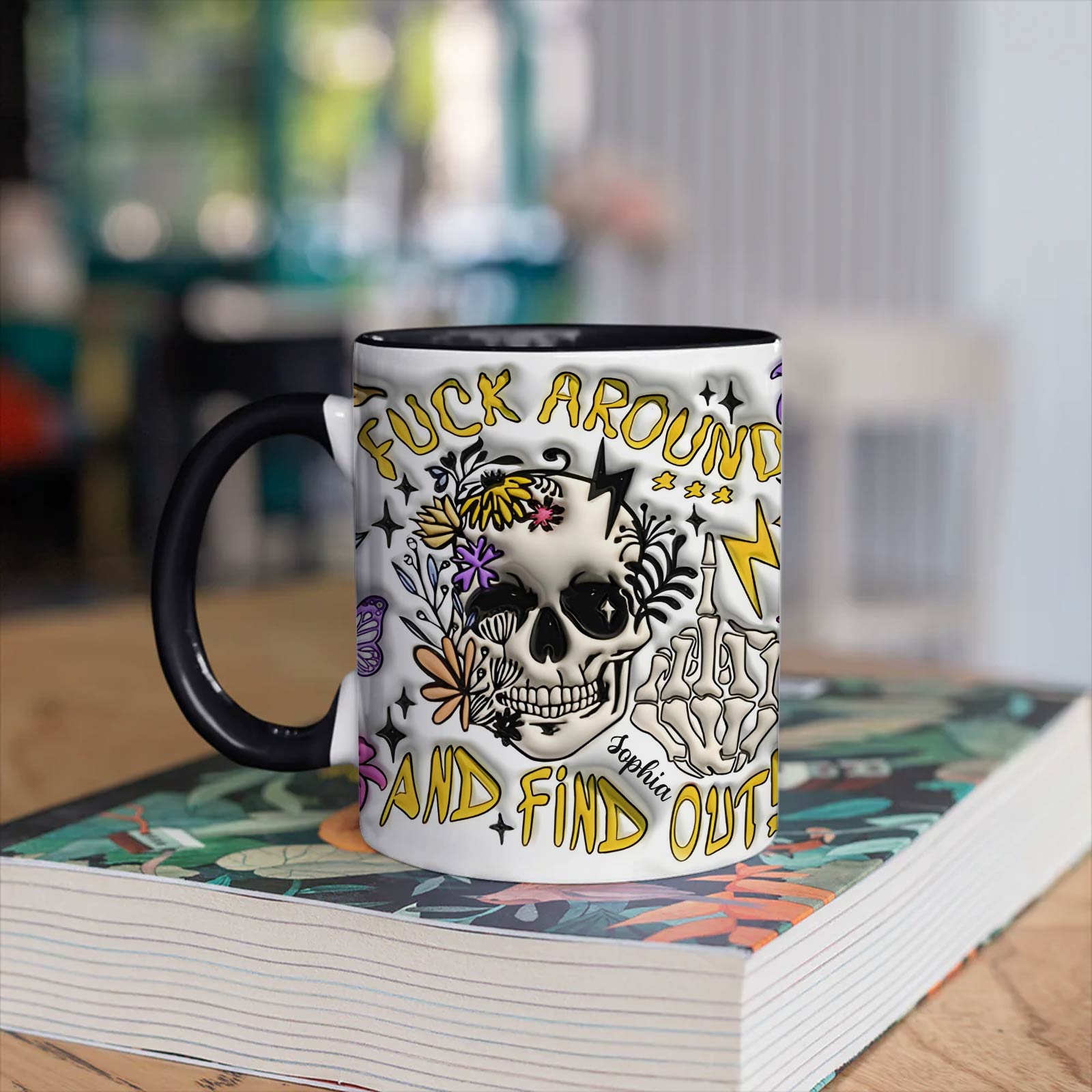 365Gifty personalized Halloween mug featuring edgy skull and floral design with bold text