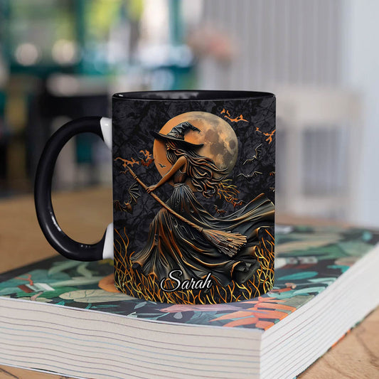 Personalized Halloween mug with witch and full moon design featuring the name Sarah