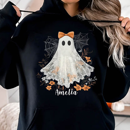 Black personalized Halloween shirt with ghost wearing bow and floral design with custom name Amelia