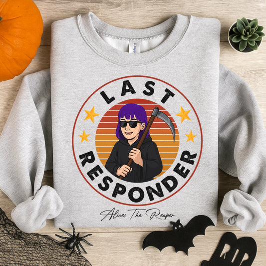 Gray personalized Halloween shirt with Last Responder graphic and purple-haired character holding a scythe
