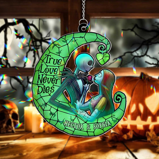 Personalized Halloween suncatcher ornament featuring skeleton couple in green crescent moon with True Love Never Dies text