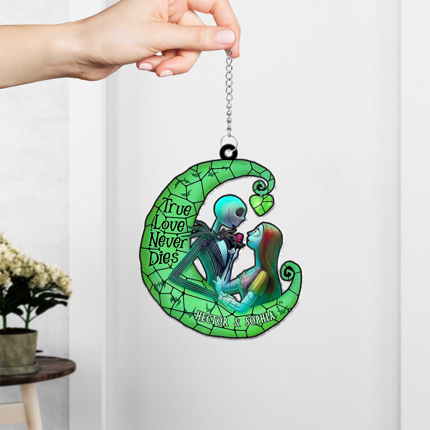 365Gifty personalized Halloween suncatcher ornament with skeleton couple and True Love Never Dies text