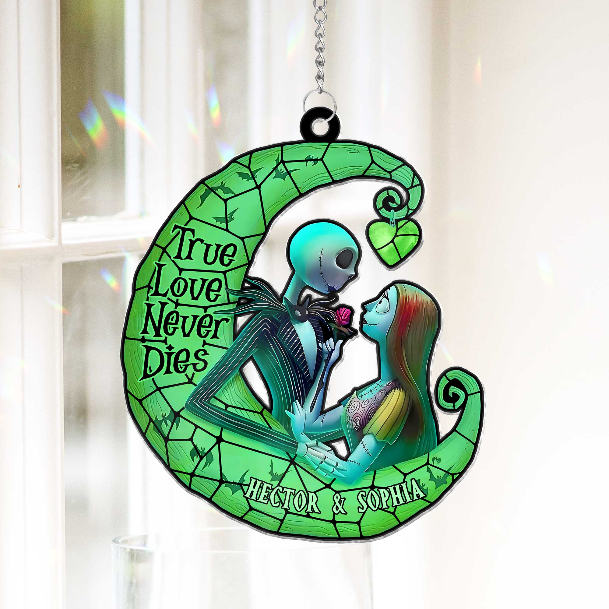 Personalized Halloween suncatcher ornament featuring skeleton couple with True Love Never Dies text