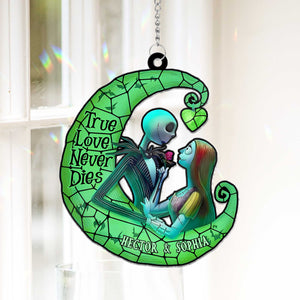 Personalized Halloween suncatcher ornament featuring skeleton couple with True Love Never Dies text