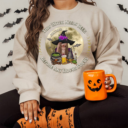 365Gifty personalized Halloween sweatshirt with witch design holding beer and Halloween-themed decorations