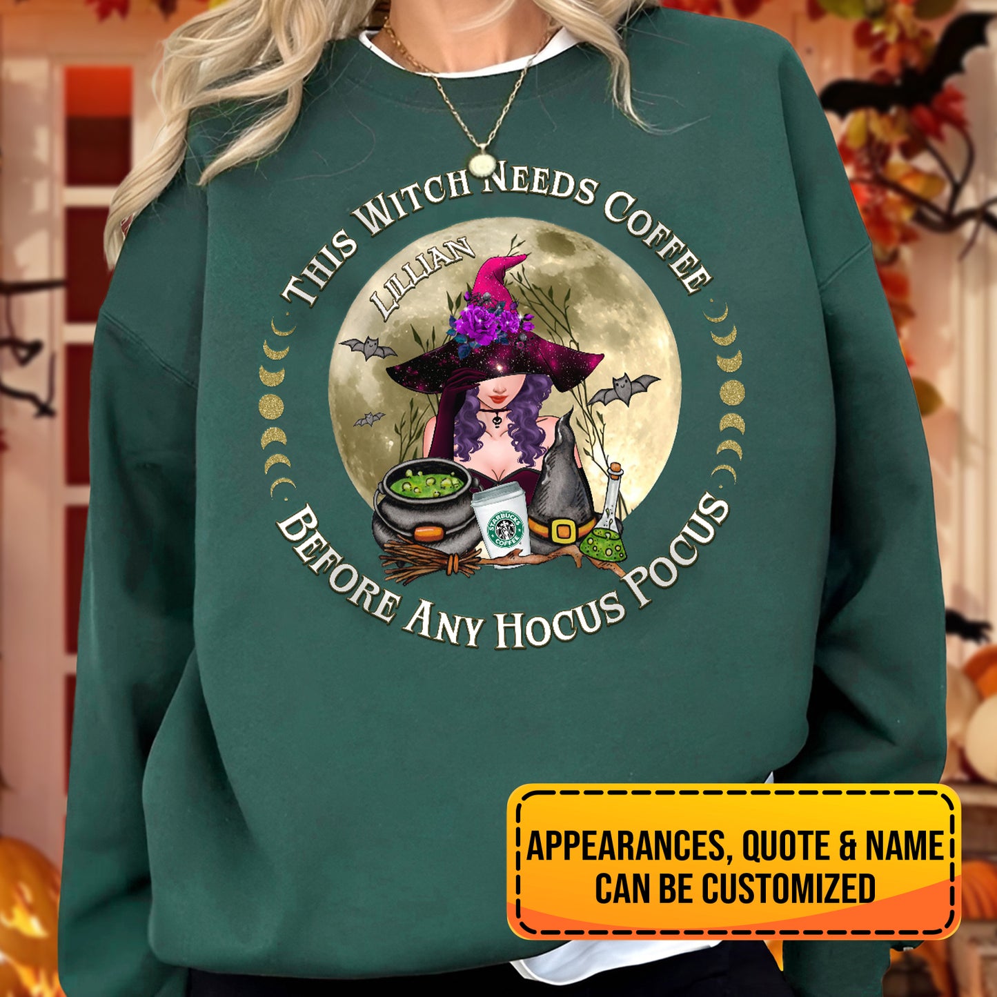 Personalized Halloween sweatshirt with a witch design and customizable name and quote