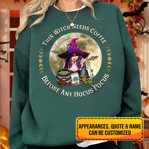 Personalized Halloween sweatshirt with a witch design and customizable name and quote