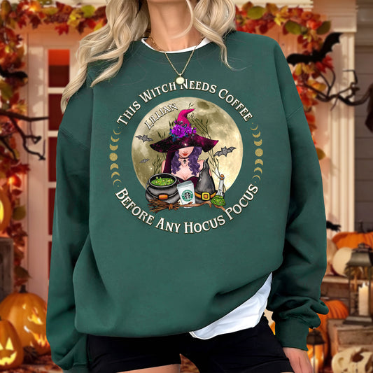 Green personalized Halloween sweatshirt with witch and coffee design by 365Gifty