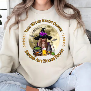 Personalized Halloween sweatshirt featuring a witch design with the text This Witch Needs Coffee
