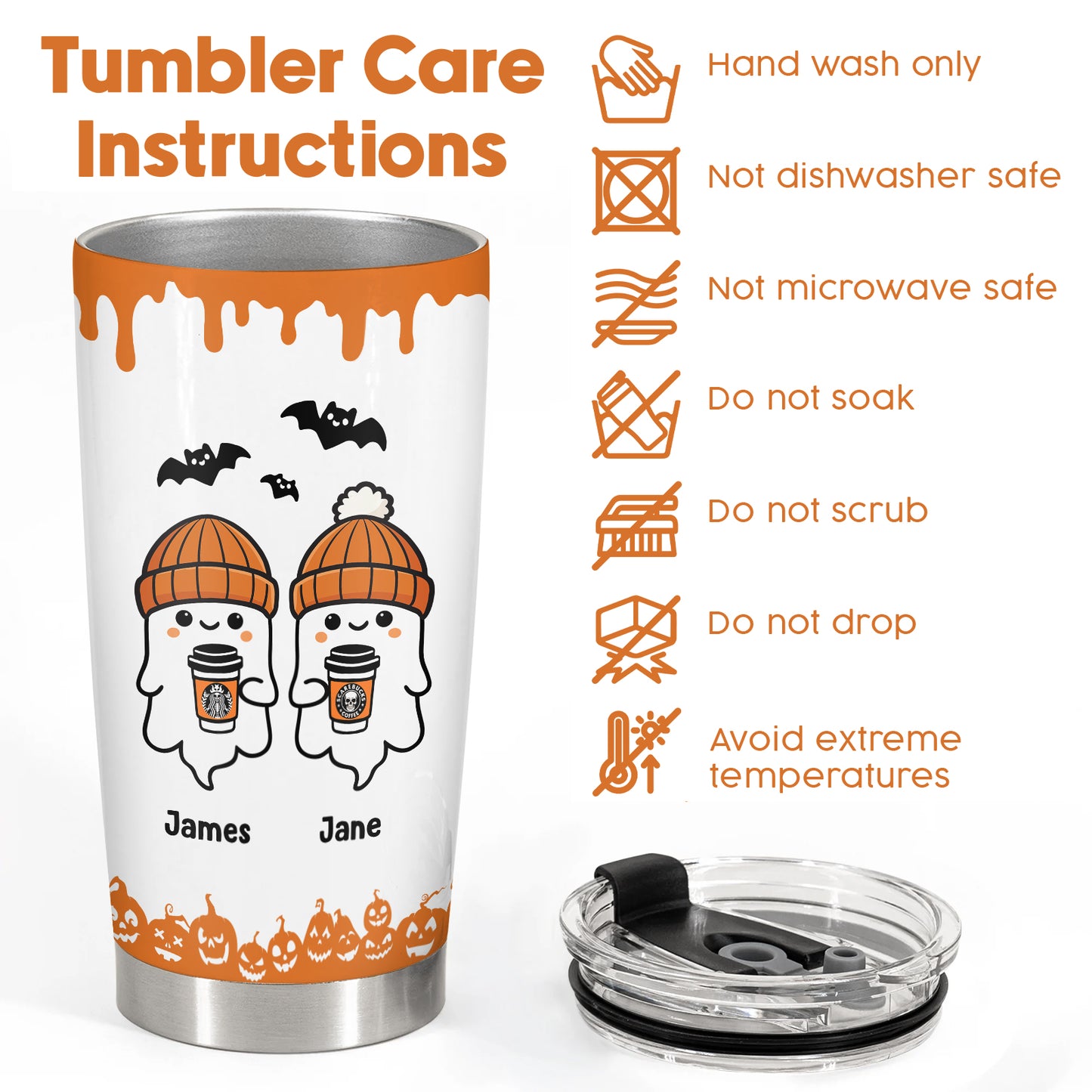 Personalized Halloween tumbler with cute ghost design and name customization with care instructions