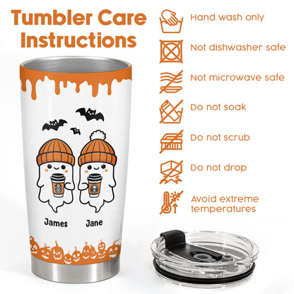 Personalized Halloween tumbler with cute ghost design and name customization with care instructions