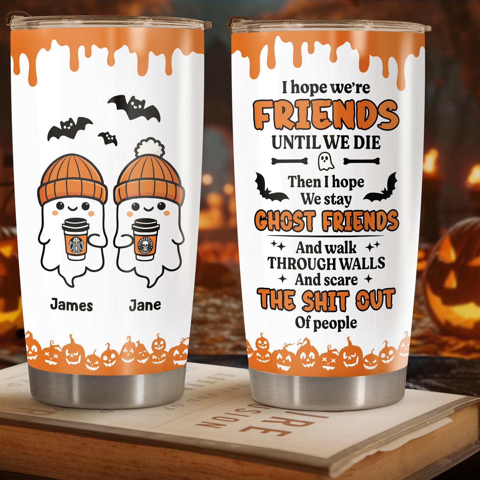 Personalized Halloween tumbler with ghost friends design and custom names James and Jane