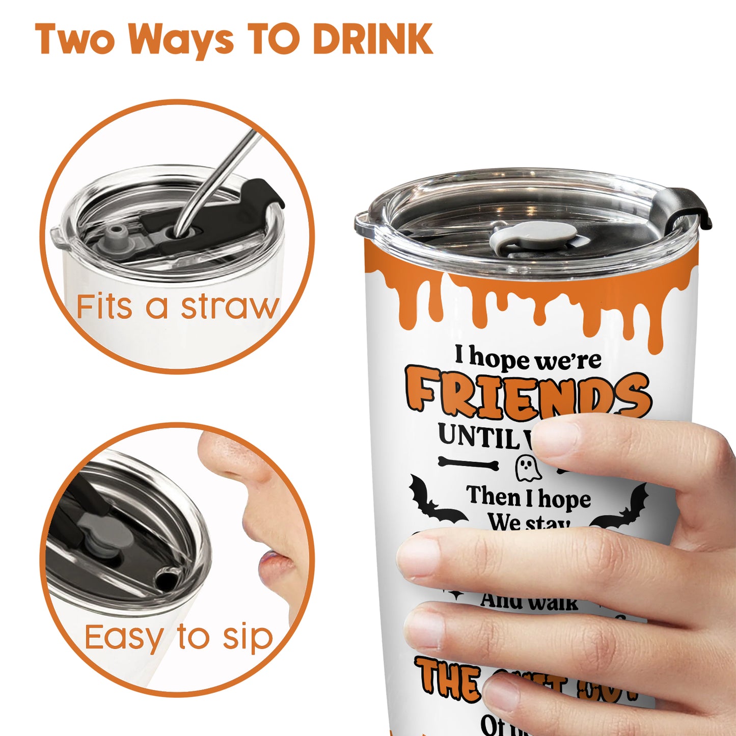 365Gifty personalized Halloween tumbler with two-way drinking lid that fits a straw or allows easy sipping