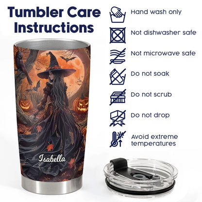 Personalized Halloween witch tumbler with dark witch design and pumpkins by 365Gifty with care instructions