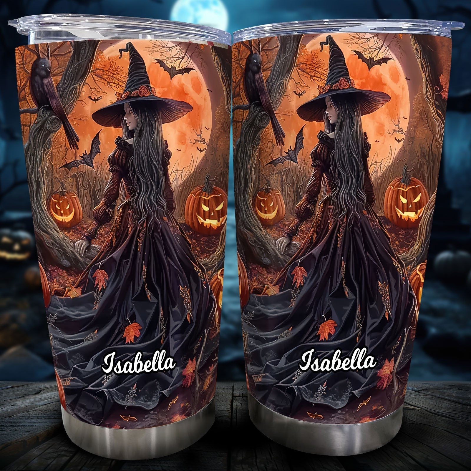 Personalized Halloween witch tumbler featuring a witch in a black dress with pumpkins and bats at night
