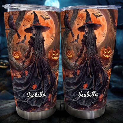 Personalized Halloween witch tumbler featuring a witch in a black dress with pumpkins and bats at night