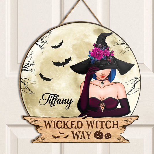 Personalized Halloween wooden door sign featuring a witch design with the name Tiffany and spooky elements