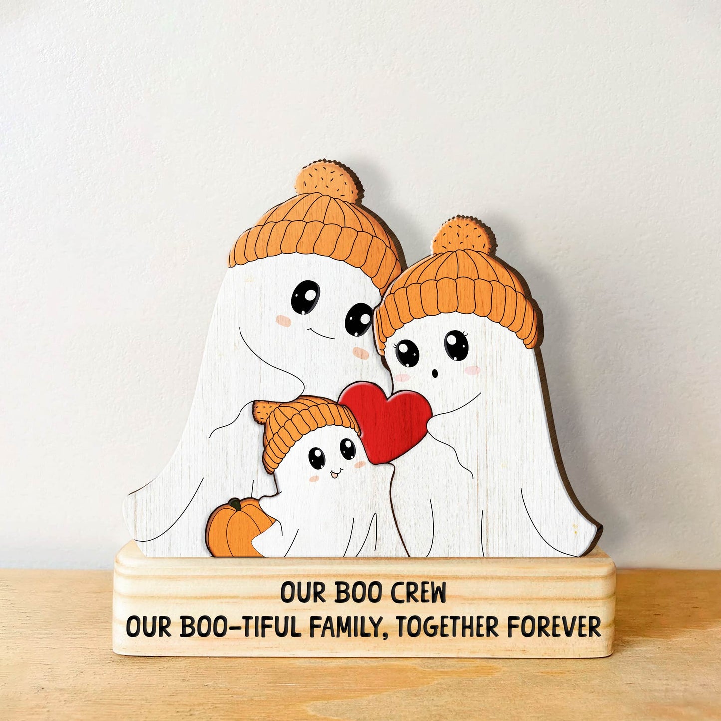 Personalized Halloween wooden puzzle featuring a ghost family with orange hats and a red heart