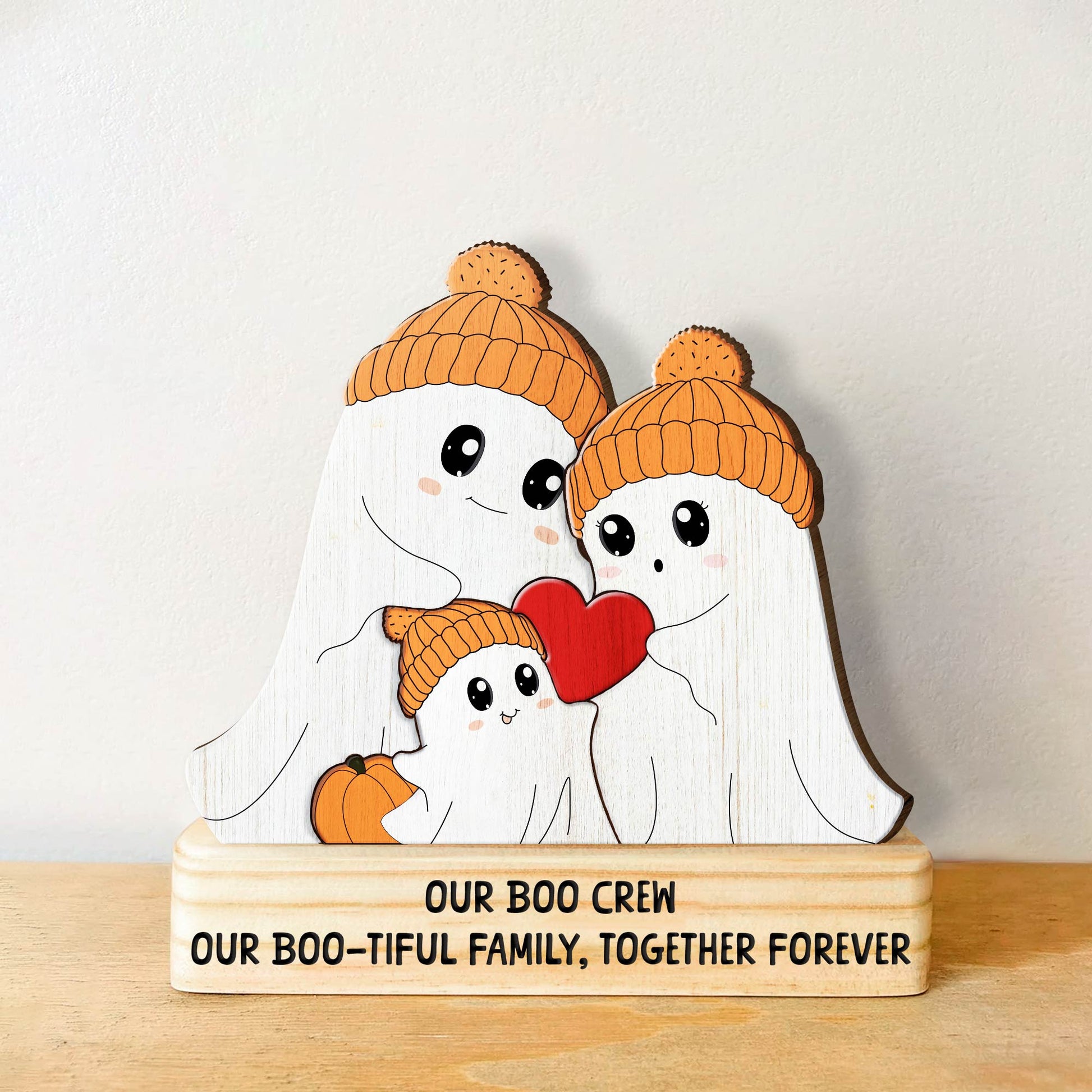 Personalized Halloween wooden puzzle featuring a ghost family with orange hats and a red heart