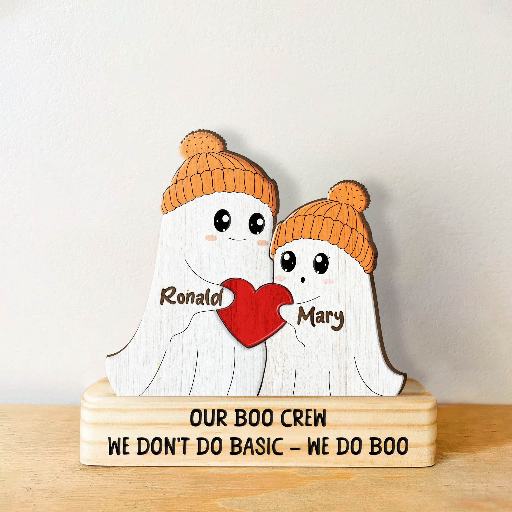 365Gifty personalized Halloween wooden puzzle featuring cute ghosts with names holding a red heart